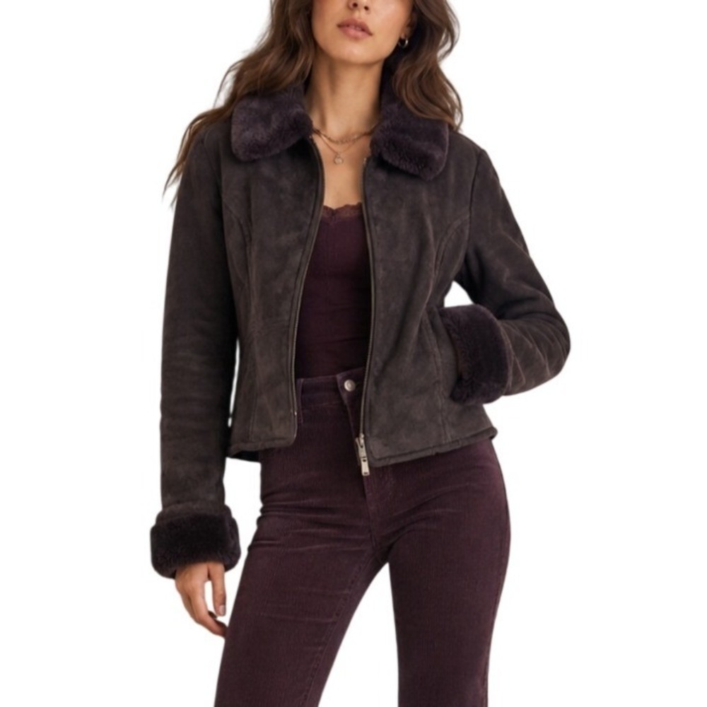 Vintage 90s Y2K Boho Dark Chocolate Suede Faux Fur Penny Lane Leather Jacket